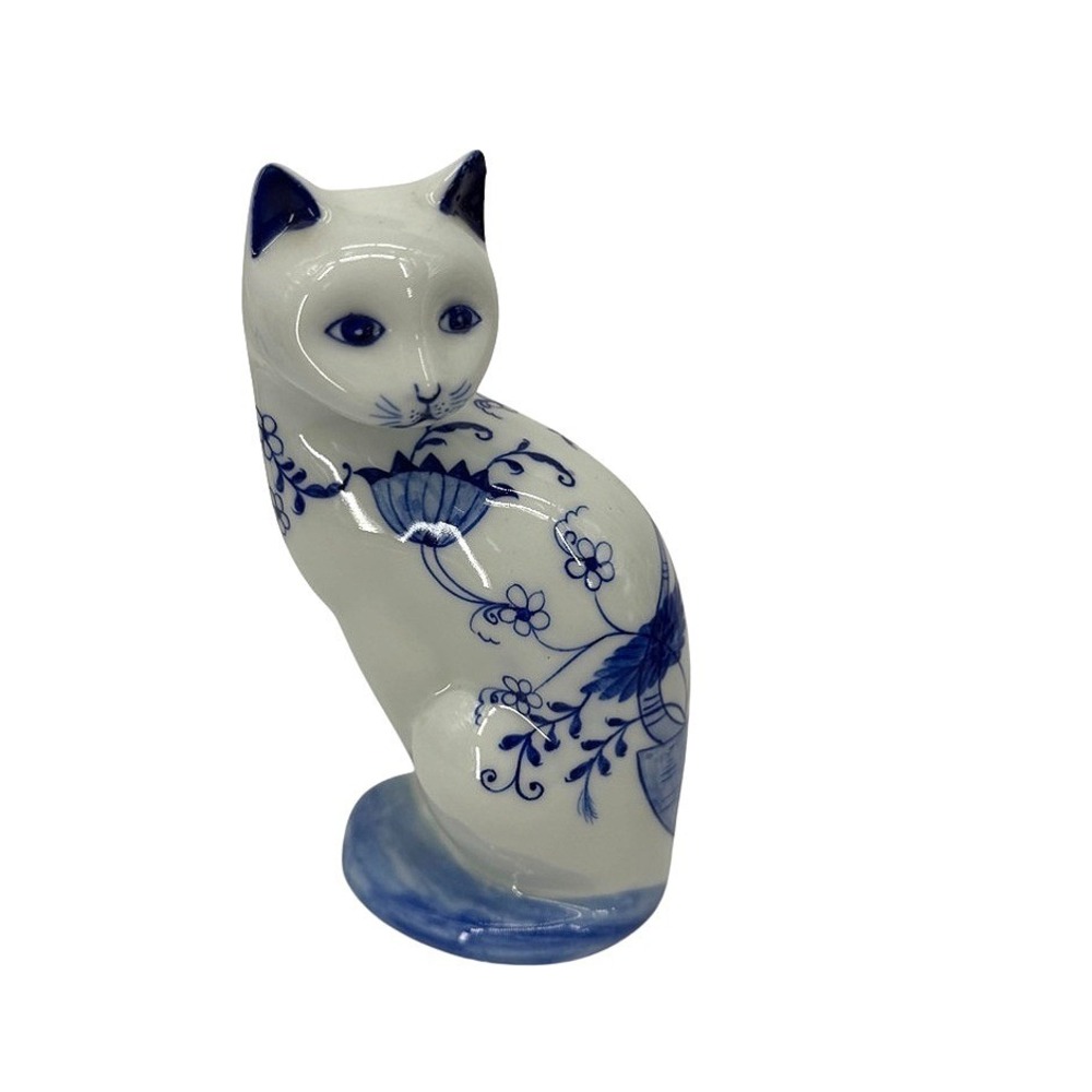 Porcelain Cat Figurine Handpainted Floral Chinoserie Royal Copenhagen Style 7.5"